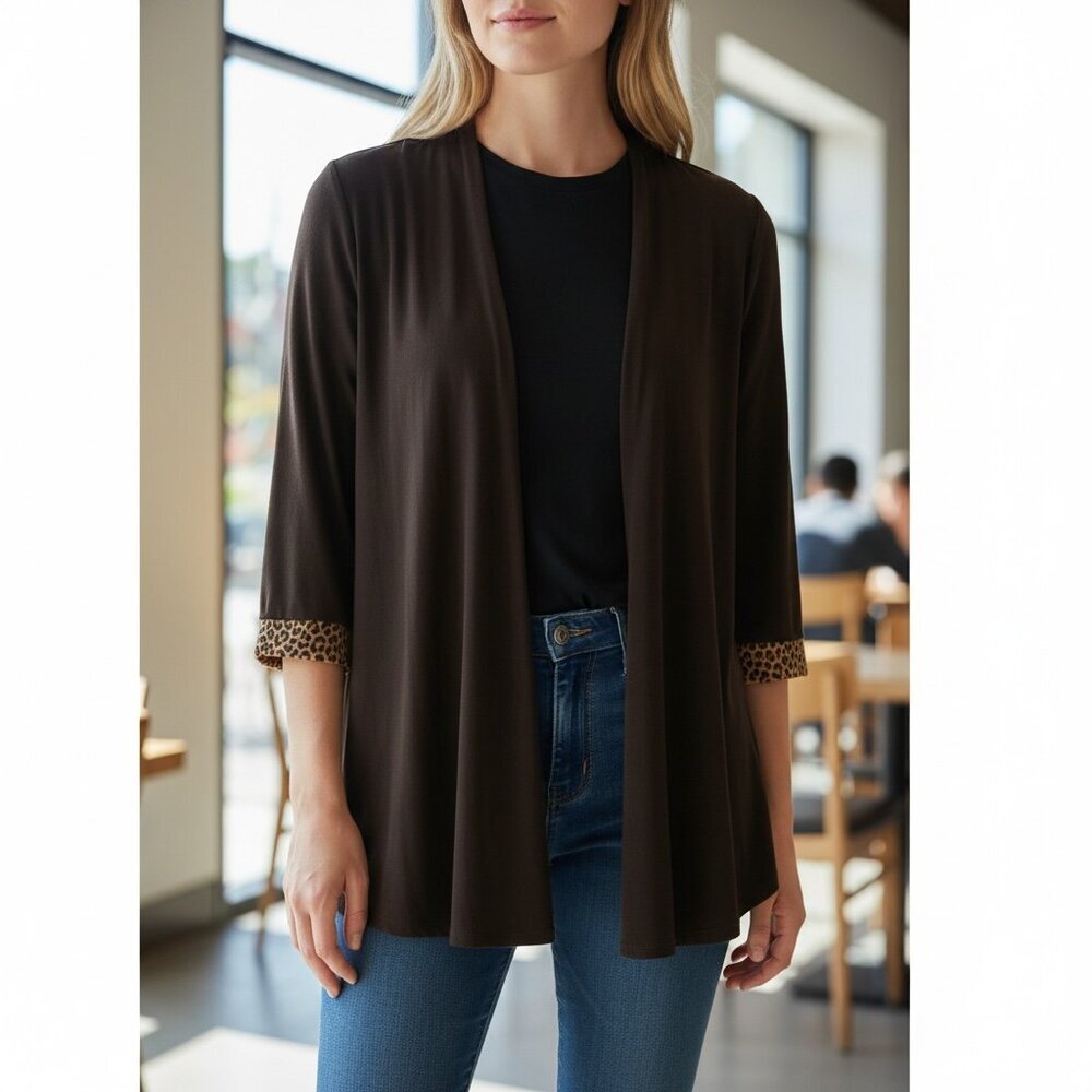 Chicos Travelers Cardigan Jacket Sz 3 (XL/16) Brown Beaded #216A